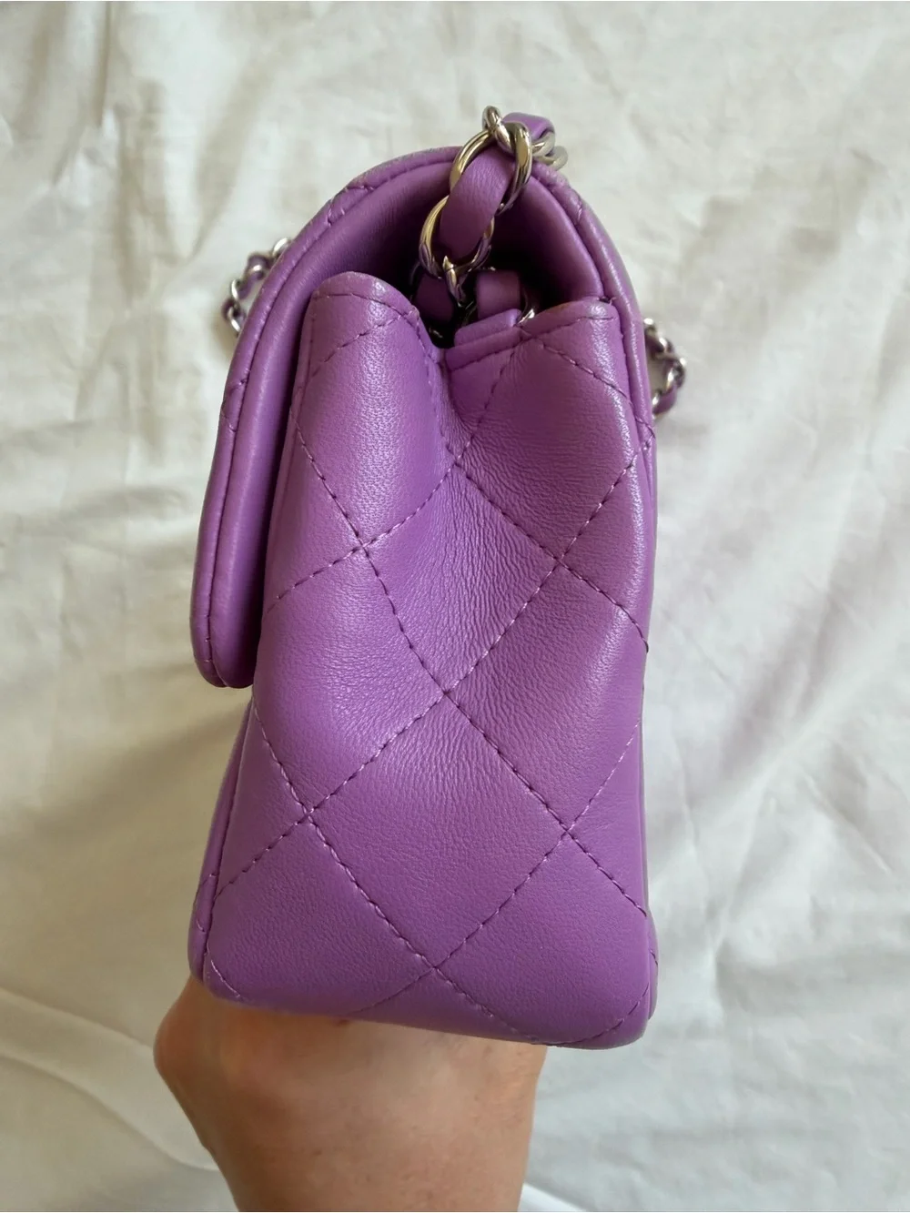 CHANEL Mini Quilted Lambskin Shoulder Bag in Lilac Purple with Silver Hardware